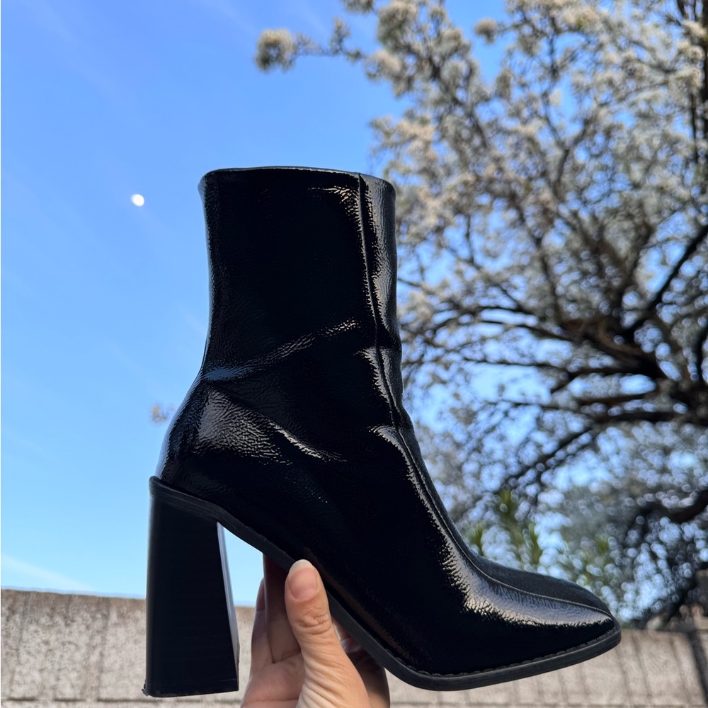 Princess Polly Black Patent Leather Ankle Boots